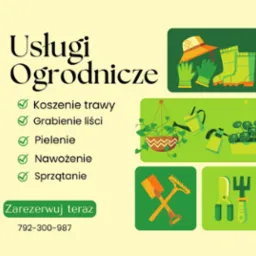 Grafika: 'Usługi Ogrodnicze', lista usług z ikonami, narzędzia ogrodnicze (grabie, łopata, sekator), doniczki, kalosze, kapelusz. Numer telefonu i wezwanie do rezerwacji.