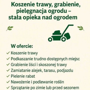Grafika z ofertą koszenia trawy i pielęgnacji ogrodu. Zielony tekst, ikona kosiarki i lista usług: grabienie, pielenie, nawożenie, sprzątanie.