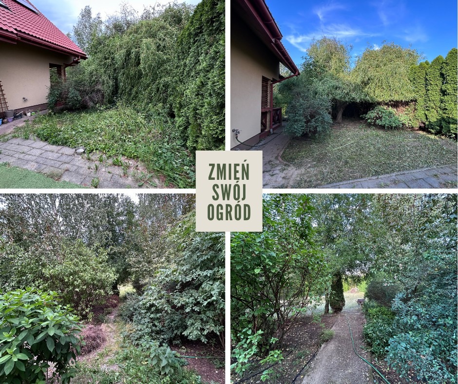 Kolaż czterech zdjęć ogrodu przed i po koszeniu trawy, z centralnym napisem 'Zmień swój ogród'. Widoczne budynki, drzewa, trawa i ścieżki.