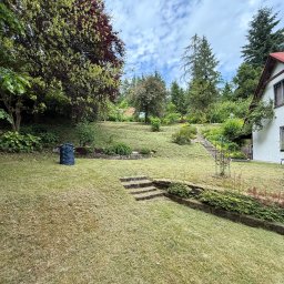 Efekt po koszeniu trudnego terenu — 800 m² działki z wzniesieniami, rabatami i schodami. Czysto, równo, zrobione jak trzeba!!