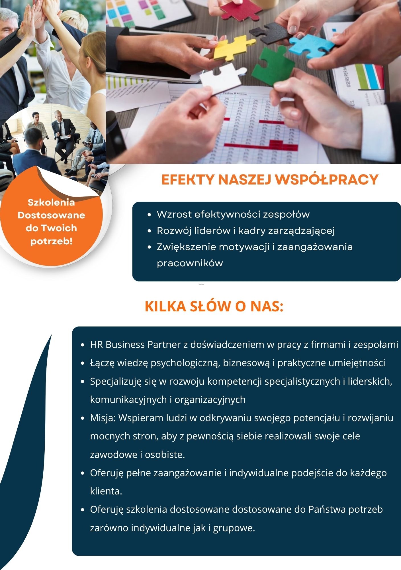 Prezentacja efektów współpracy: wzrost efektywności zespołów, rozwój liderów, zwiększenie motywacji. Układanka z puzzli symbolizuje budowanie zespołu.