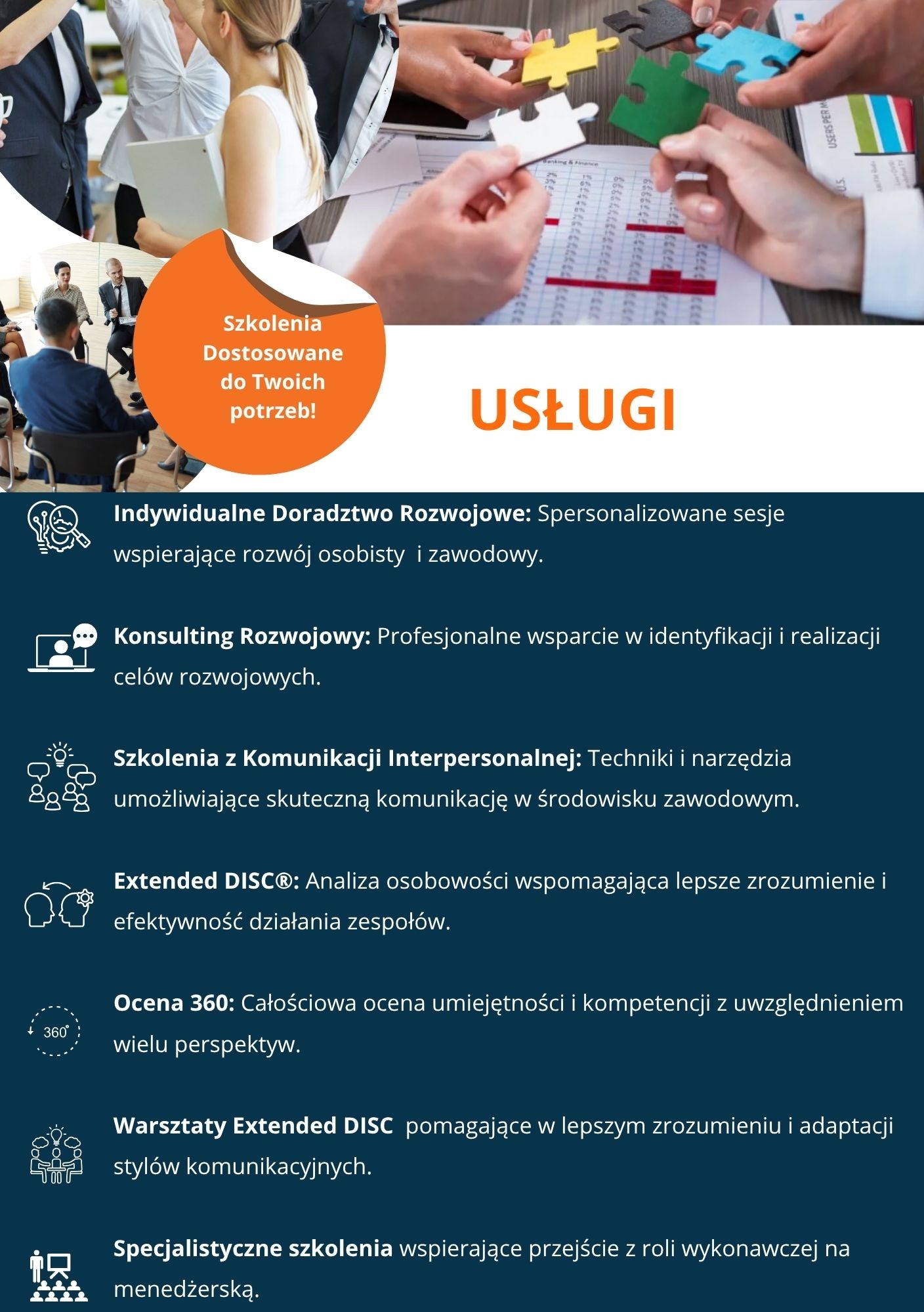 Grafika reklamowa usług: szkolenia interpersonalne, konsulting rozwojowy, warsztaty Extended DISC i inne. Puzzle w rękach symbolizują dopasowanie.