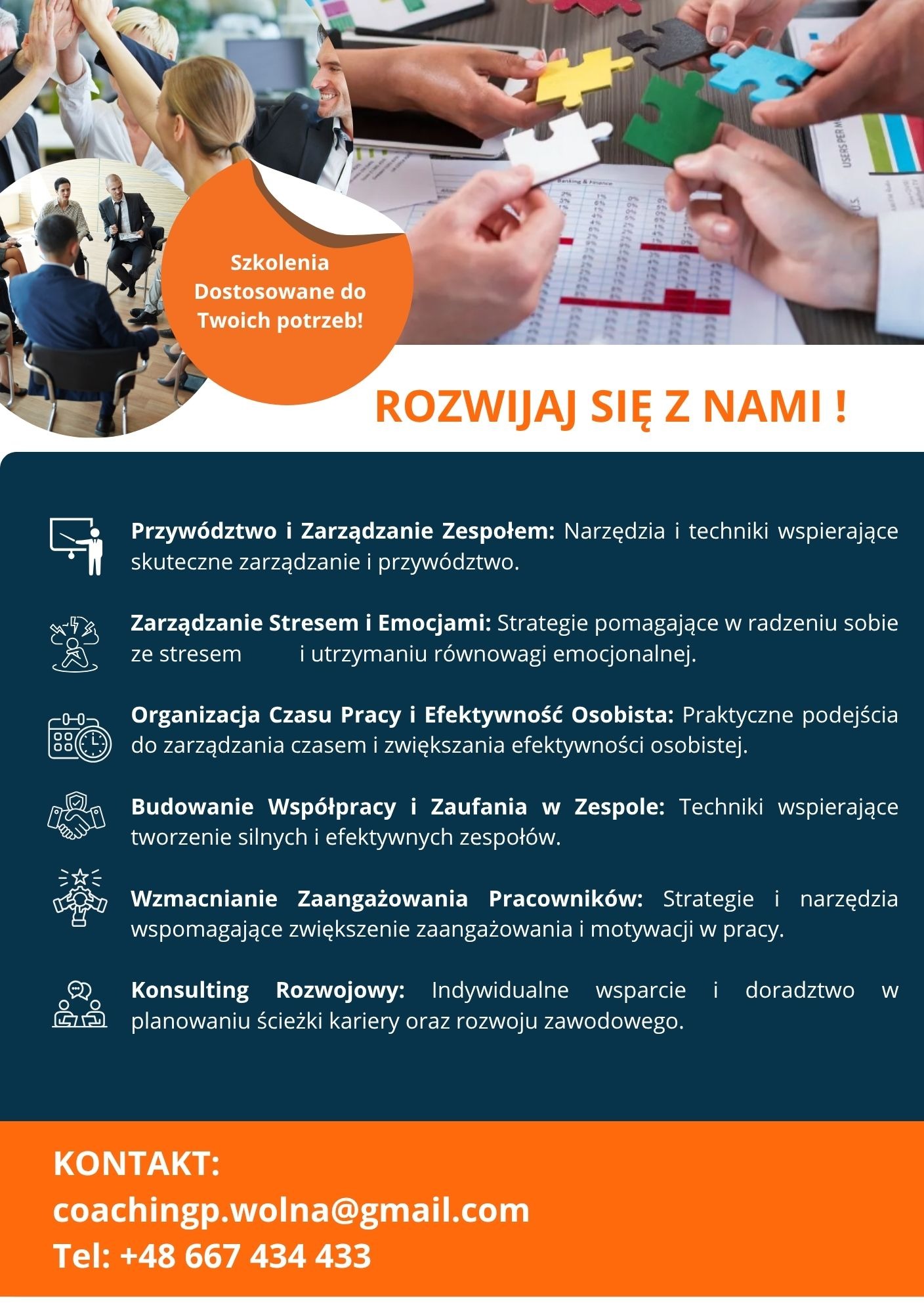 Szkolenie biznesowe: grupa osób z podniesionymi rękami świętuje sukces, a inni układają puzzle na tle wykresów. Tekst: 'Szkolenia dostosowane do Twoich potrzeb!'.