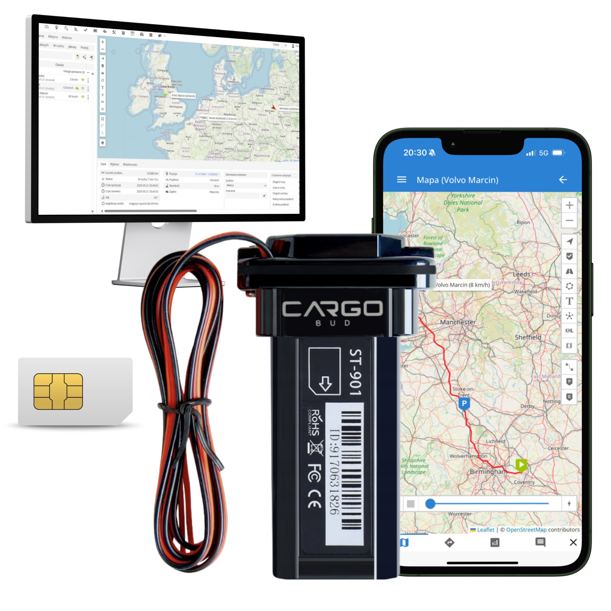 Zestaw do lokalizacji GPS: karta SIM, tracker Cargo Bud ST-901 z przewodami, monitor z mapą Europy i smartfon z aplikacją śledzącą położenie pojazdu w Anglii.