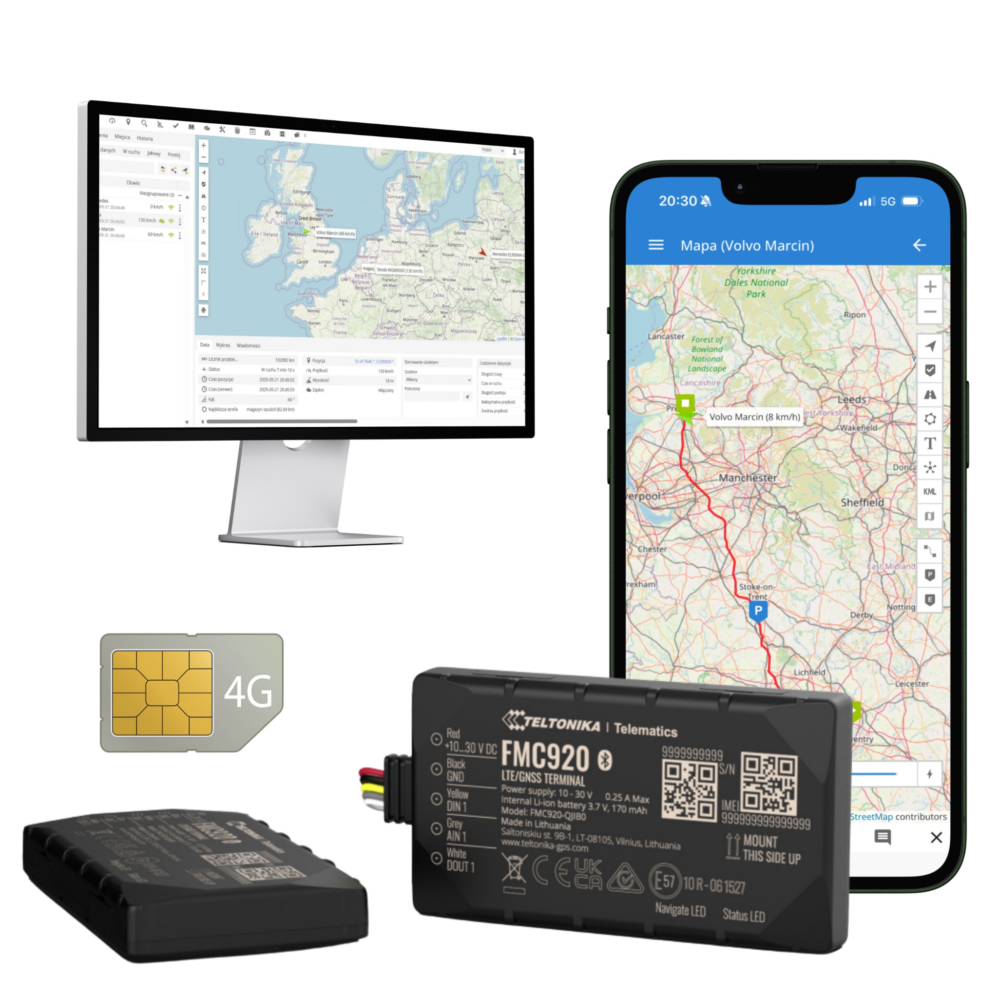 Zestaw do monitoringu GPS 4G: lokalizator Teltonika FMC920, karta SIM, smartfon i monitor z mapą. Widok z góry na białym tle.