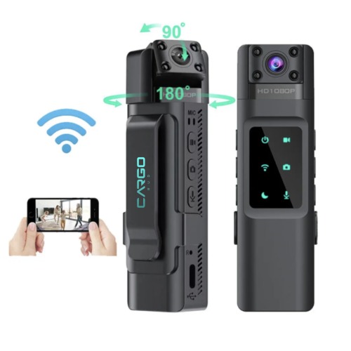 Kompaktowa kamera HD 1080P z klipsem, z widocznym podglądem na smartfonie i schematem obrotu. Urządzenie do monitoringu wizyjnego.