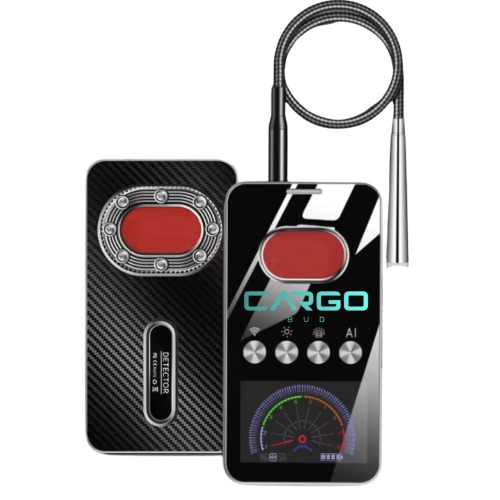 Dwa detektory Cargo Bud z elastycznym przewodem. Jeden z wzorem włókna węglowego, drugi z wyświetlaczem i przyciskami. Urządzenia do wykrywania.