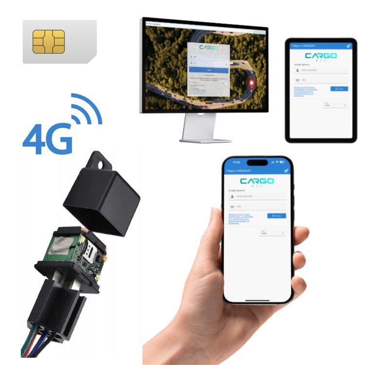 Zestaw do lokalizacji: moduł GPS z otwartą obudową, karta SIM, smartfon, tablet i monitor z aplikacją do śledzenia pojazdów. Sygnał 4G.