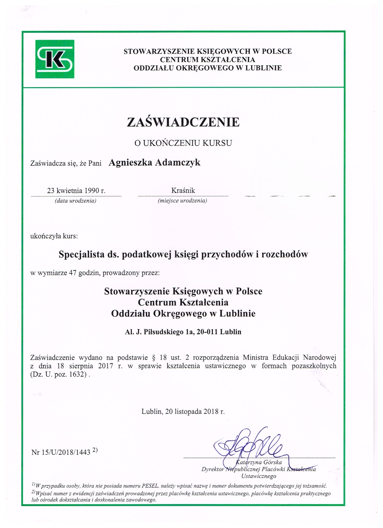 Skan zaświadczenia o ukończeniu kursu specjalisty ds. podatkowej księgi przychodów i rozchodów, wydane przez Stowarzyszenie Księgowych w Polsce.