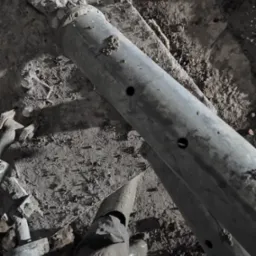 Szara, zbrojeniowa rura stalowa z otworami leży na ziemi z gruzem. Widoczne fragmenty but&oacute;w i ubrania osoby, kt&oacute;ra prawdopodobnie układa rurę.