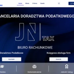 Responsywna strona kancelarii podatkowej z Lublina. Ciemnoniebieskie tło, białe napisy, przyciski kontakt i cennik. Logo JN TAX w lewym górnym rogu.