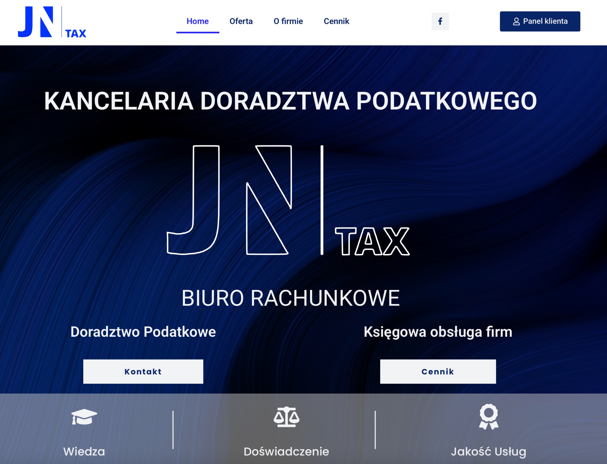 Responsywna strona kancelarii podatkowej z Lublina. Ciemnoniebieskie tło, białe napisy, przyciski kontakt i cennik. Logo JN TAX w lewym górnym rogu.