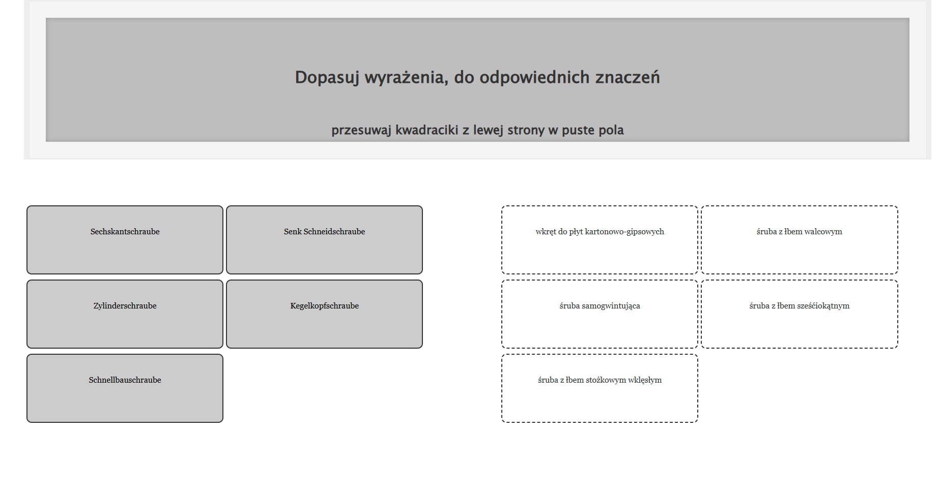 Interaktywna strona do nauki niemieckiego: ćwiczenie typu drag & drop z nazwami śrub. Szary interfejs z polami do dopasowywania. Projekt szkolny z modułami ćwiczeń.