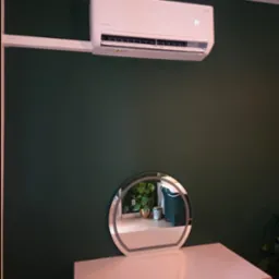 Biały klimatyzator Rotesno Teta 3.5 kW na zielonej ścianie nad toaletką z lustrem w salonie masażu. Widoczny wyświetlacz temperatury.