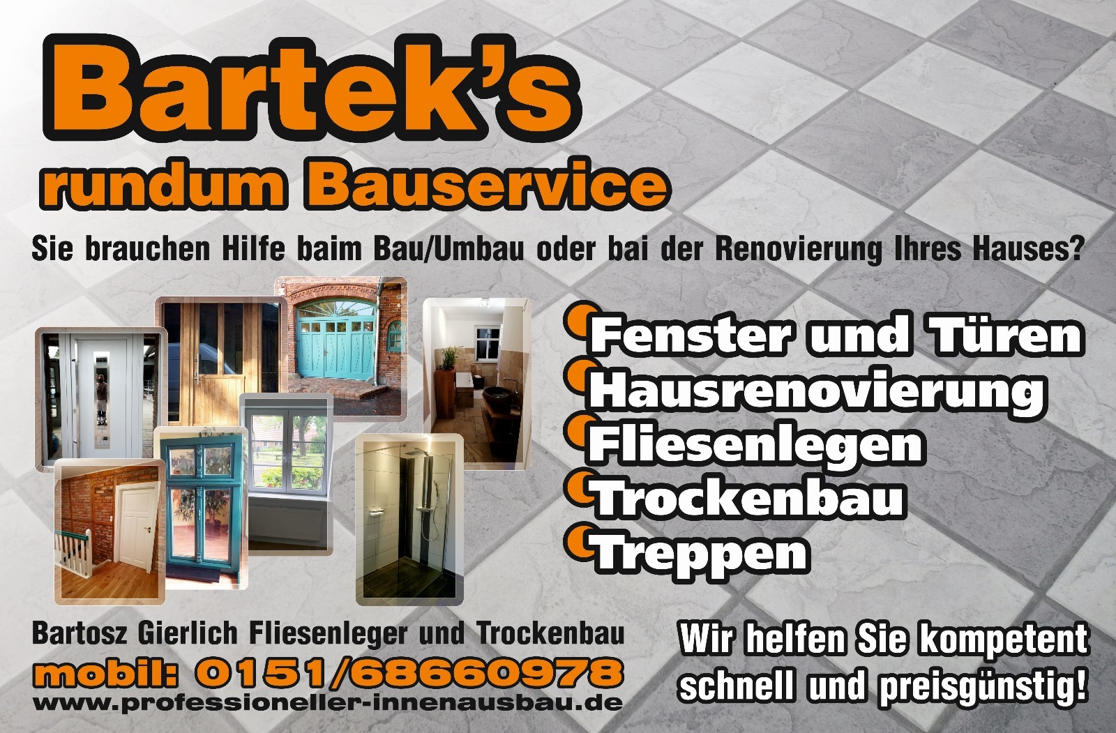 Baner reklamowy firmy remontowej z przykładami prac: drzwi, okna, łazienka. Tekst w języku niemieckim. Widoczne logo, numer telefonu i adres strony internetowej.