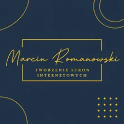 Elegancki baner z imieniem 'Marcin Romanowski' i napisem 'Tworzenie stron internetowych' w złotej czcionce na granatowym tle z geometrycznymi zdobieniami.