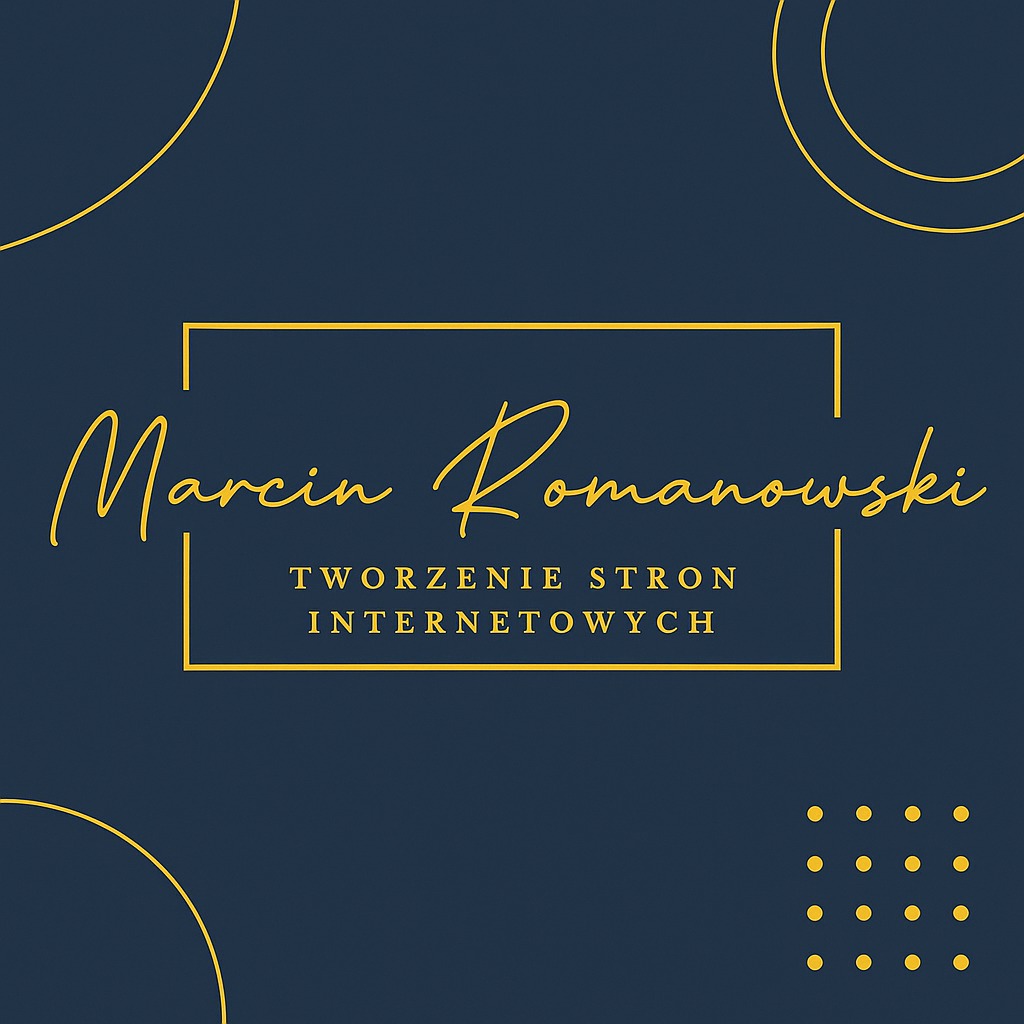 Elegancki baner z imieniem 'Marcin Romanowski' i napisem 'Tworzenie stron internetowych' w złotej czcionce na granatowym tle z geometrycznymi zdobieniami.