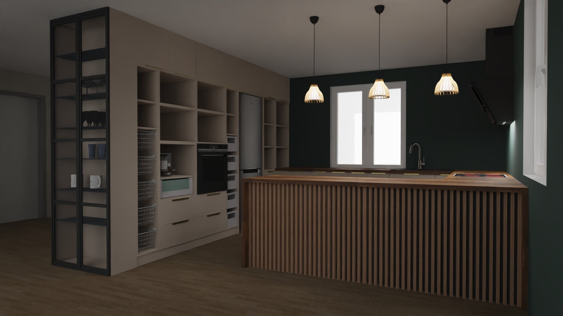 Wizualizacja kuchni z wyspą i zabudową meblową w odcieniach beżu i brązu. Widoczne oświetlenie wiszące i okno. Ciemnozielona ściana w tle.