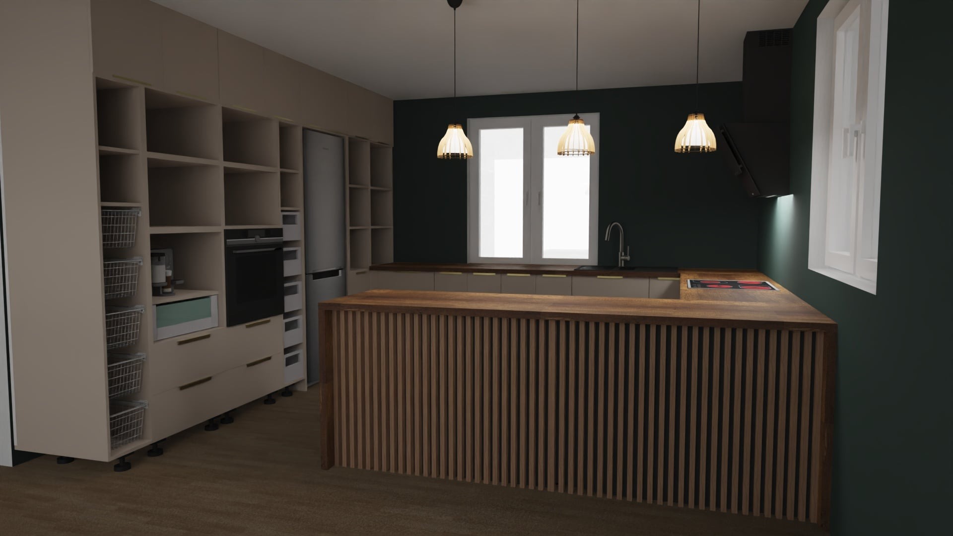 Wizualizacja kuchni z wyspą o frontach z pionowych listewek. Jasne szafki z otwartymi półkami, zabudowany sprzęt AGD. Nad wyspą wiszą trzy lampy z ażurowymi abażurami.