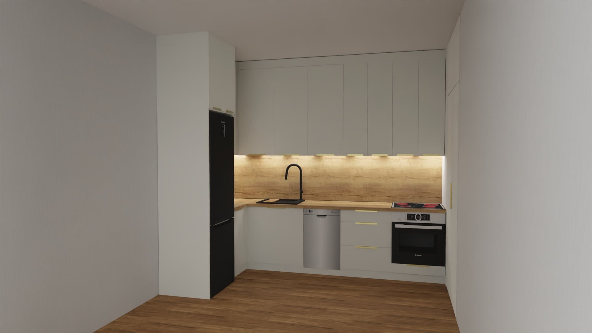 Wizualizacja kuchni z drewnianym blatem i czarnym zlewem. Jasne szafki górne i dolne z delikatnymi złotymi uchwytami. Czarna lodówka po lewej stronie.