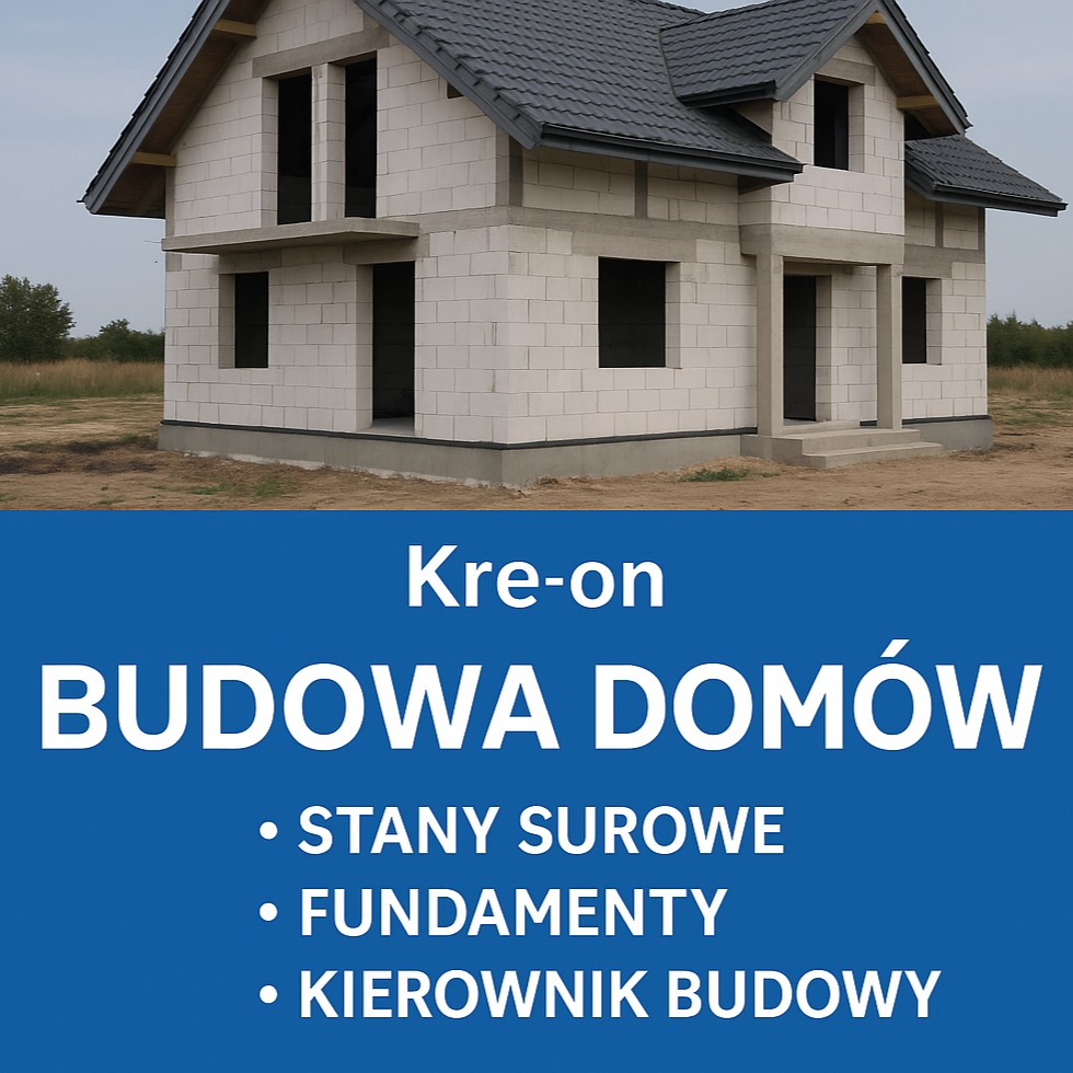 Dom w stanie surowym, z widocznymi bloczkami i dachem z szarej dachówki. Częściowo zasłonięty banerem reklamowym z nazwą firmy budowlanej i zakresem usług.