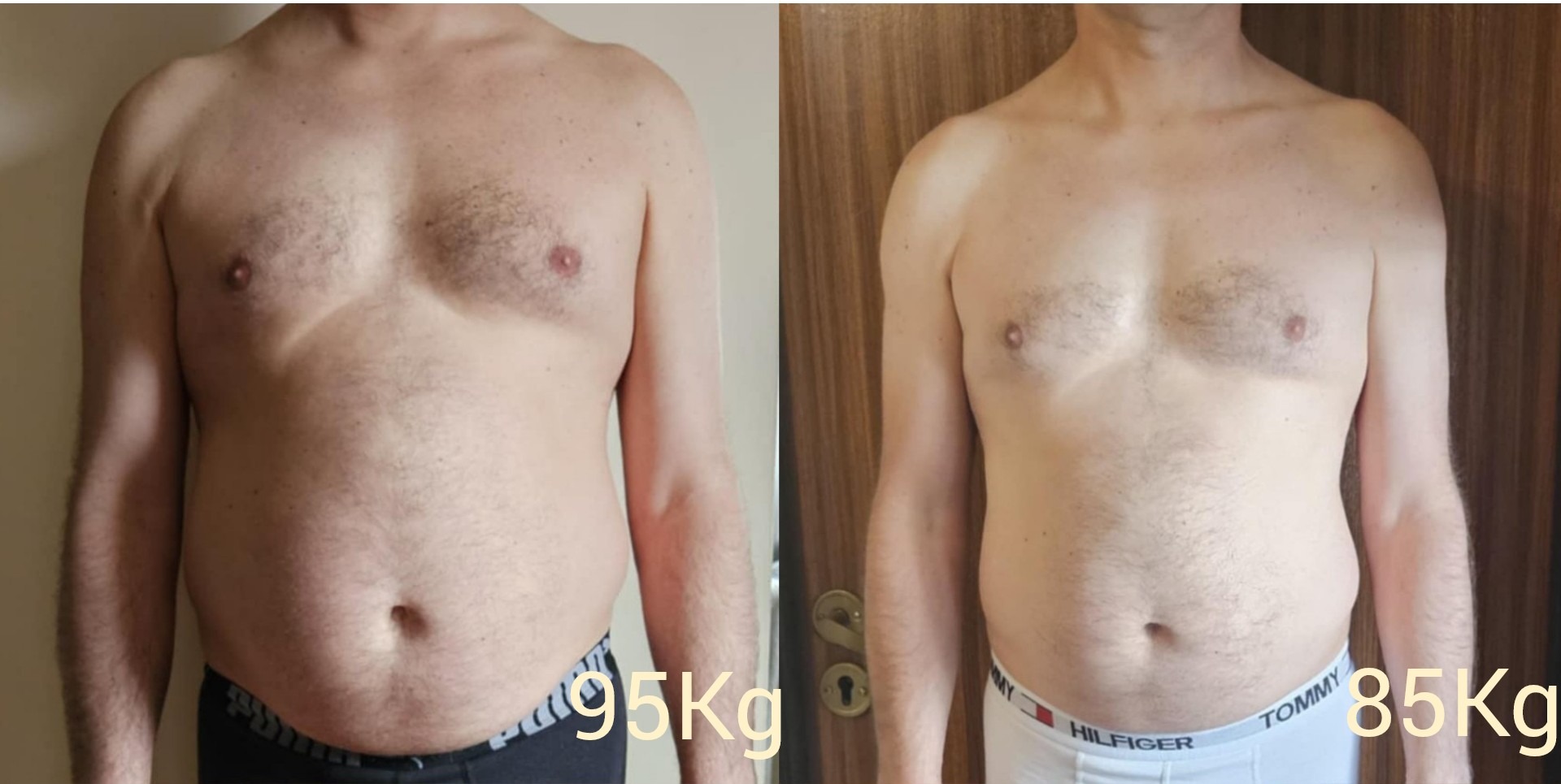 Męska sylwetka przed i po odchudzaniu: 95kg po lewej, 85kg po prawej. Widoczne zmiany w obwodzie brzucha i ogólnej budowie ciała. Białe bokserki.