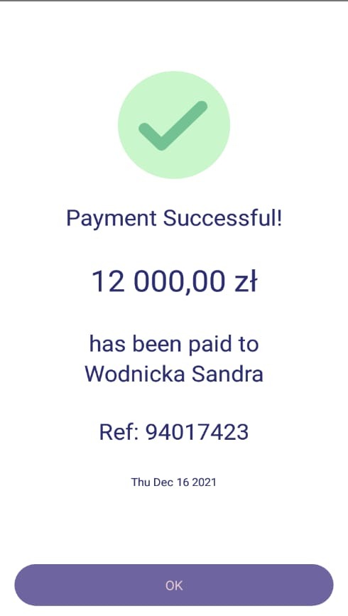 Potwierdzenie pomyślnej płatności 12 000 zł dla Wodnickiej Sandry. Widoczny numer referencyjny 94017423 i data 16 grudnia 2021. Zielony symbol akceptacji.