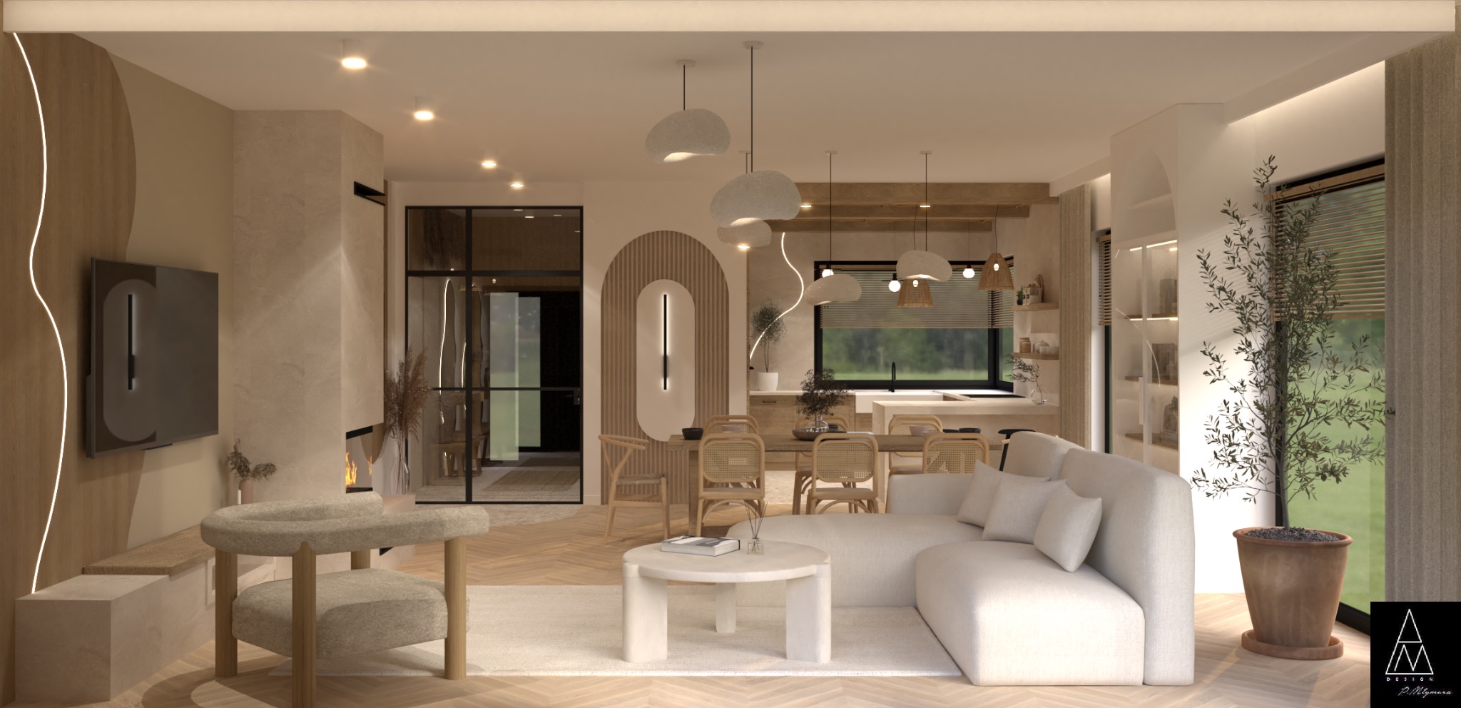 Wnętrze salonu z otwartą kuchnią w stylu boho. Jasne barwy, drewniane elementy, rattanowe krzesła i minimalistyczne oświetlenie tworzą przytulną atmosferę. Widoczny fragment sofy i rośliny.