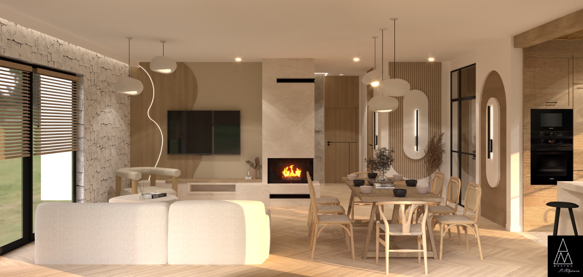 Wnętrze salonu z jadalnią w stylu boho: jasna sofa, drewniany stół z krzesłami, kominek i telewizor. Ciepłe oświetlenie i naturalne materiały tworzą przytulną atmosferę.