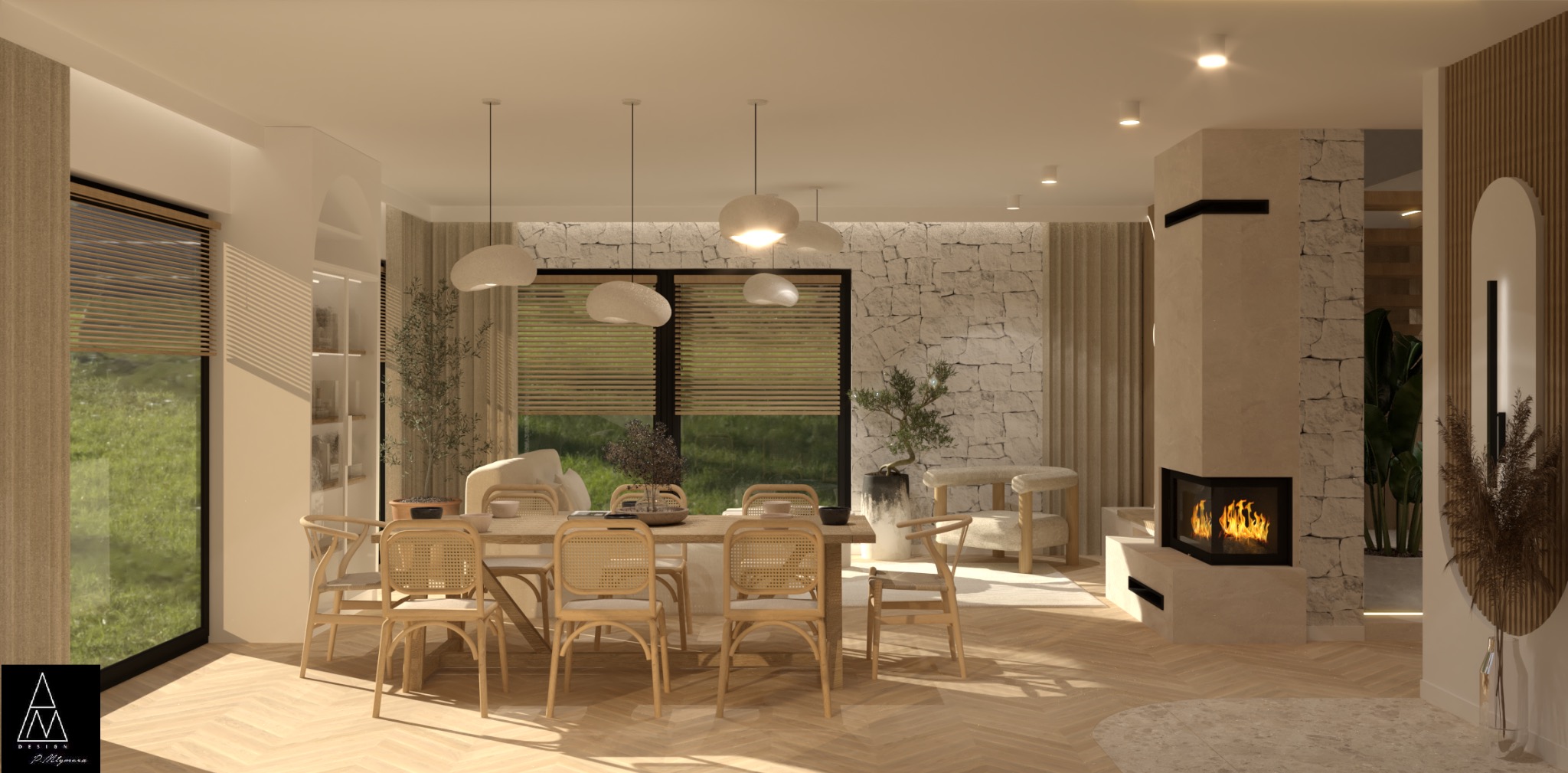 Jasne wnętrze jadalni z drewnianym stołem i krzesłami rattanowymi, oświetlone wiszącymi lampami. W tle kamienna ściana i kominek, parkiet w jodełkę. Nowoczesny design.