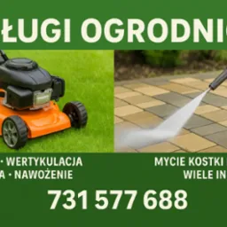 Usługi ogrodnicze: pomarańczowa kosiarka na trawie i mycie kostki brukowej pod ciśnieniem, zieleń w tle. Oferta z numerem telefonu na zielonym tle.