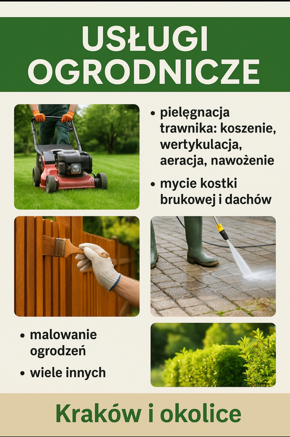 Usługi ogrodnicze: koszenie trawy, mycie kostki, malowanie ogrodzeń. Oferta w Krakowie i okolicach. Zestawienie zdjęć z różnymi pracami.