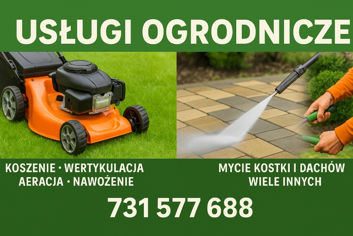 Usługi ogrodnicze: pomarańczowa kosiarka na trawie i mycie kostki brukowej pod ciśnieniem, zieleń w tle. Oferta z numerem telefonu na zielonym tle.