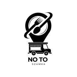 Adam Konieczka - Czarno-białe logo food trucka z pinezką lokalizacji, w której znajduje się widelec i łyżka. Nazwa firmy: NO TO SZAMKA.