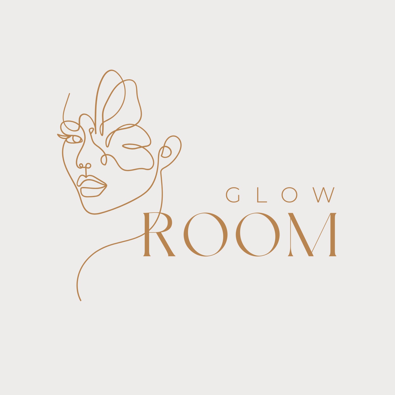Minimalistyczny logotyp 'Glow Room' z abstrakcyjnym portretem kobiety, wykonany cienką, brązową linią na kremowym tle. Elegancki i nowoczesny design.