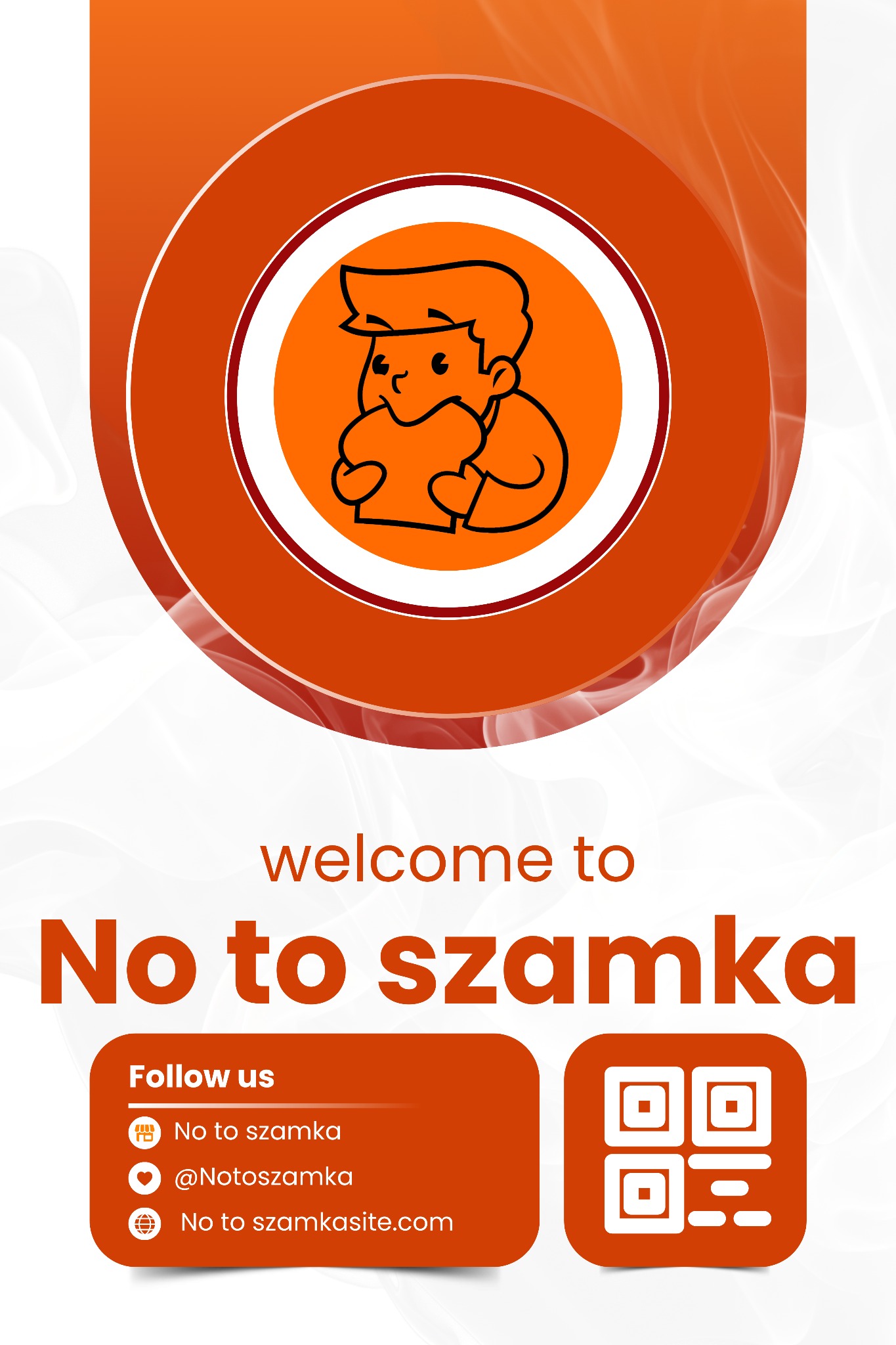 Pomarańczowo-biały materiał reklamowy z rysunkową postacią jedzącą, nazwą 'No to szamka', ikonami mediów społecznościowych i kodem QR w prawym dolnym rogu.