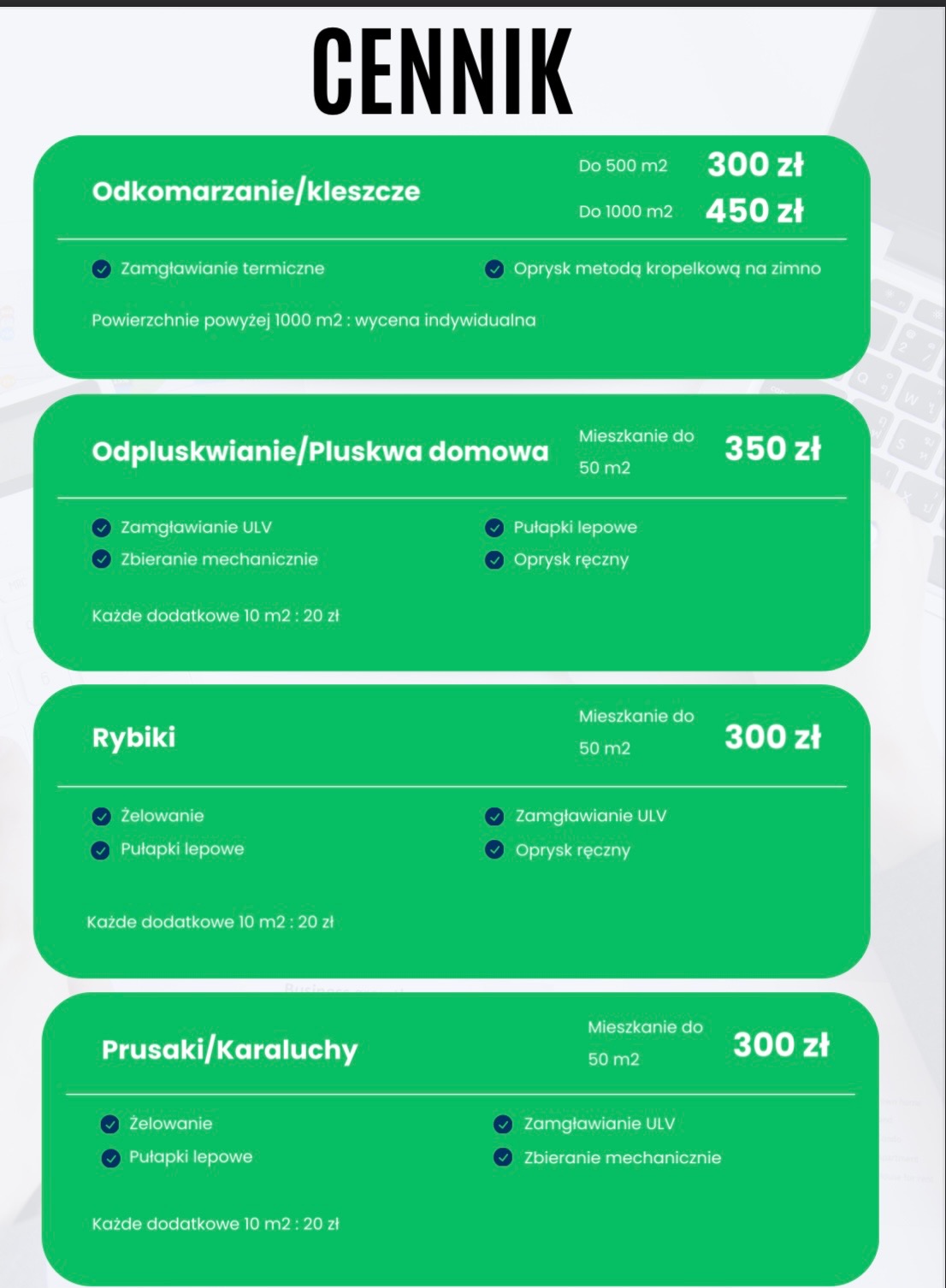 Cennik usług dezynsekcji: odkomarzanie, zwalczanie pluskiew, rybików i prusaków. Zawiera informacje o metodach i cenach dla różnych powierzchni.