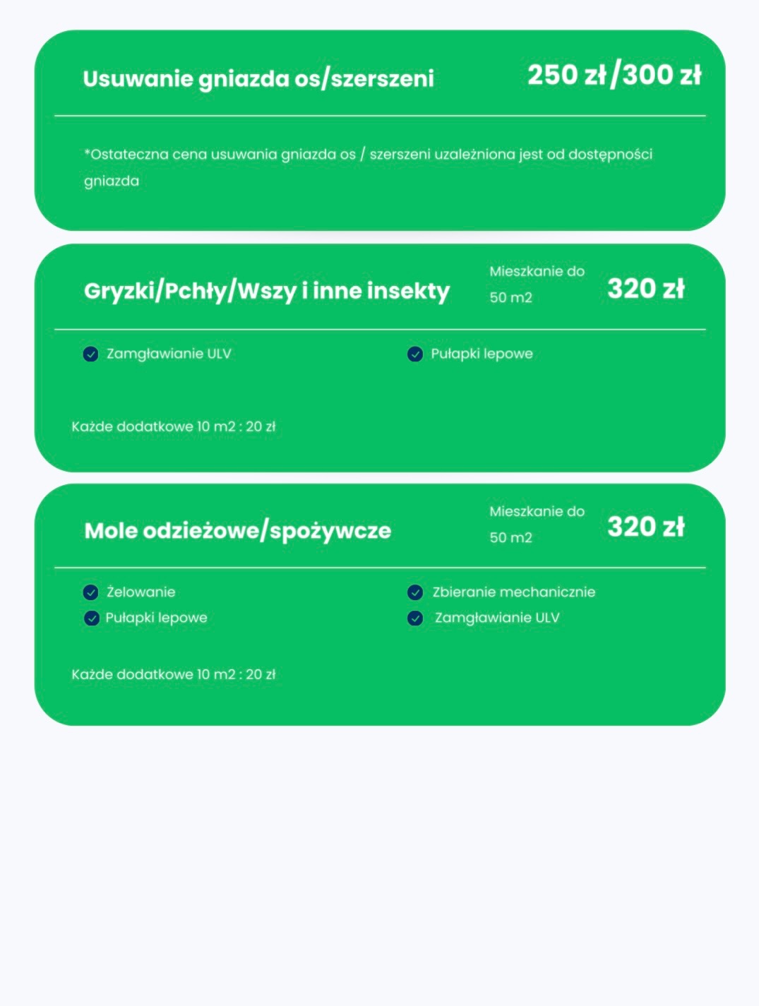 Grafika informacyjna z ofertą usług: usuwanie gniazd os/szerszeni, zwalczanie gryzków, pcheł, wszy i moli odzieżowych/spożywczych. Podane ceny i metody działania.