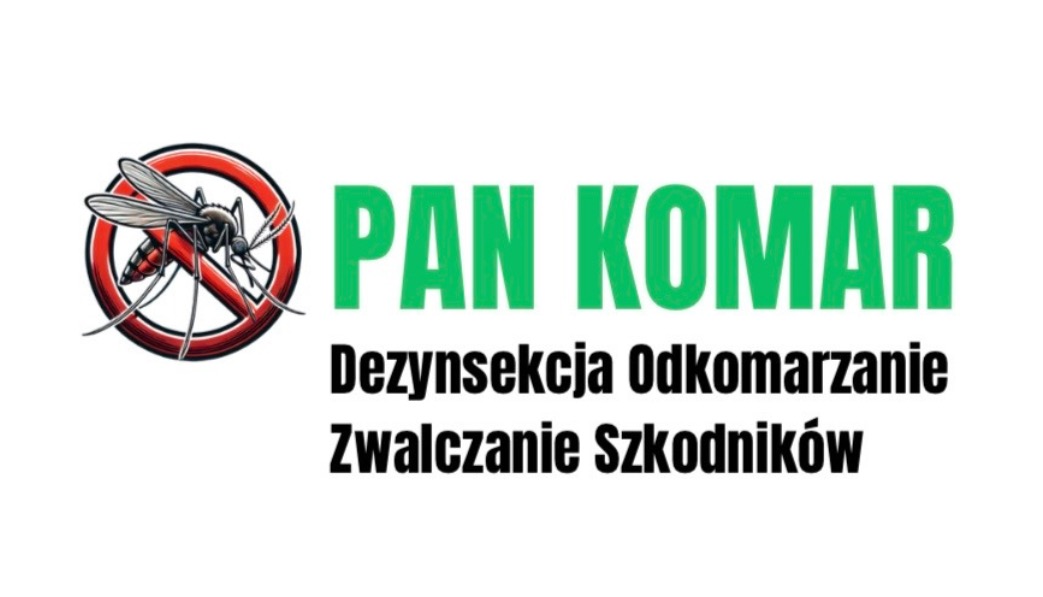 Grafika firmy 'Pan Komar' z Police, oferującej zwalczanie szkodników. Widoczny komar przekreślony na czerwono oraz zielony napis 'Pan Komar'.
