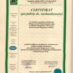 Certyfikat specjalisty ds. rachunkowości wydany przez Stowarzyszenie Księgowych w Polsce, Oddział Okręgowy w Warszawie, z datą 12 października 2019 r.