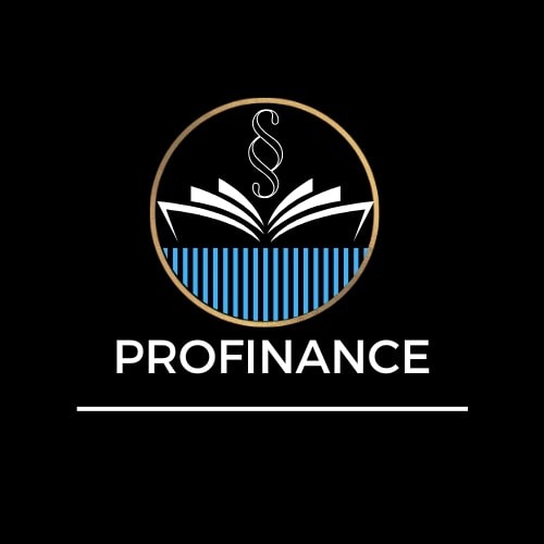 Logo firmy PROFINANCE: Otwarta księga z paragrafem w złotym okręgu na czarnym tle, symbolizująca usługi finansowe.