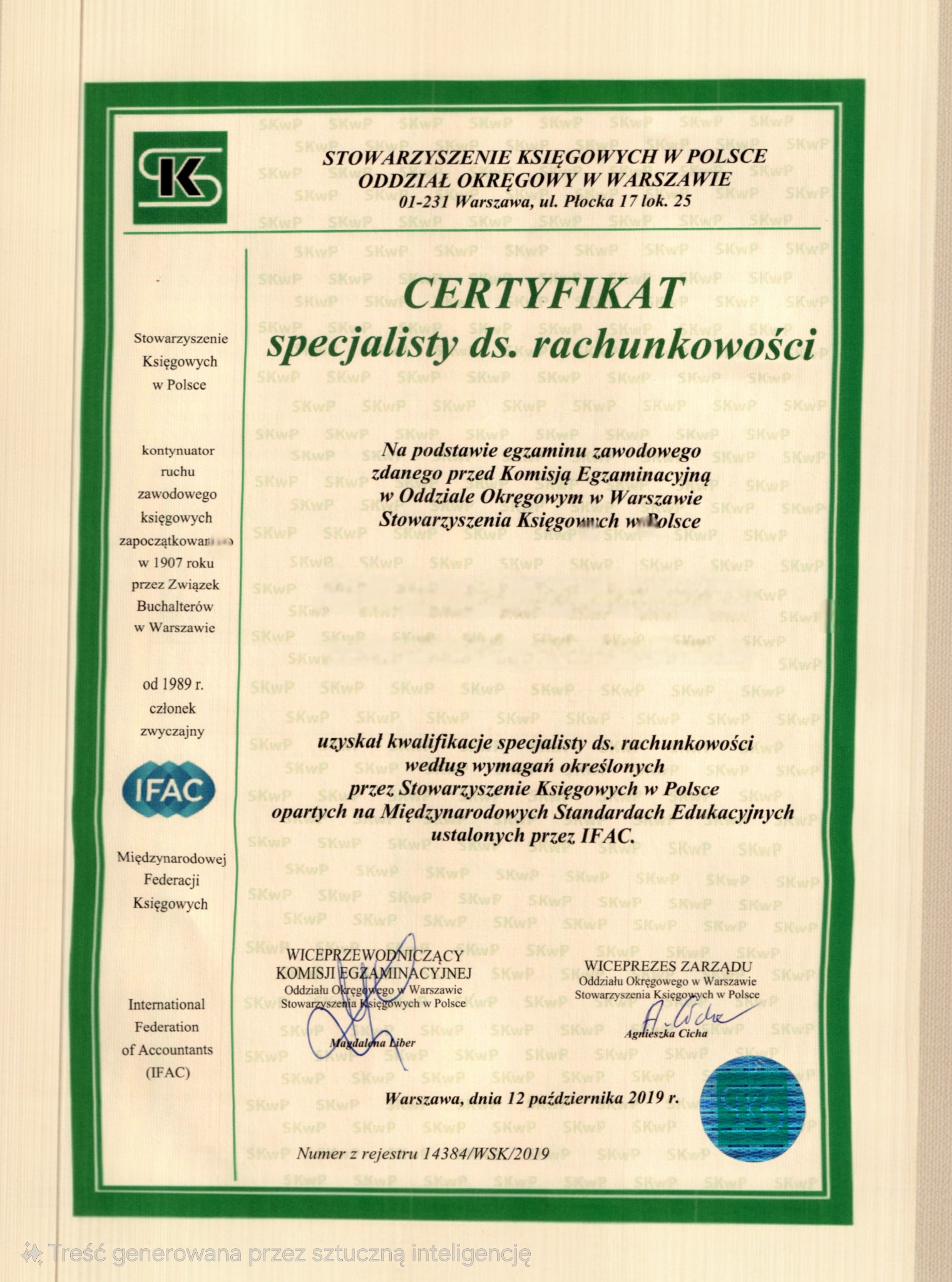 Certyfikat specjalisty ds. rachunkowości wydany przez Stowarzyszenie Księgowych w Polsce, Oddział Okręgowy w Warszawie, z datą 12 października 2019 r.
