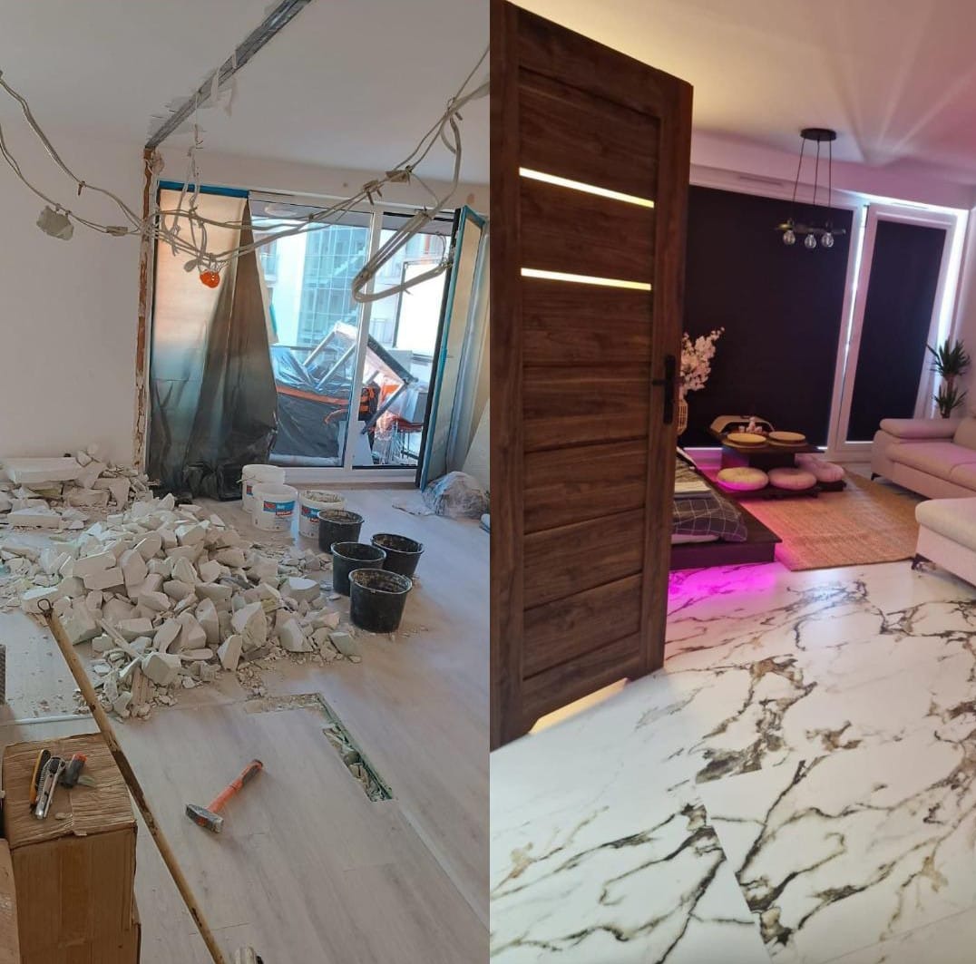 Remont mieszkania: porównanie stanu surowego z wykończonym wnętrzem. Widoczne gruz, narzędzia i nowoczesny design z marmurową podłogą, oświetleniem LED i drewnianymi drzwiami.