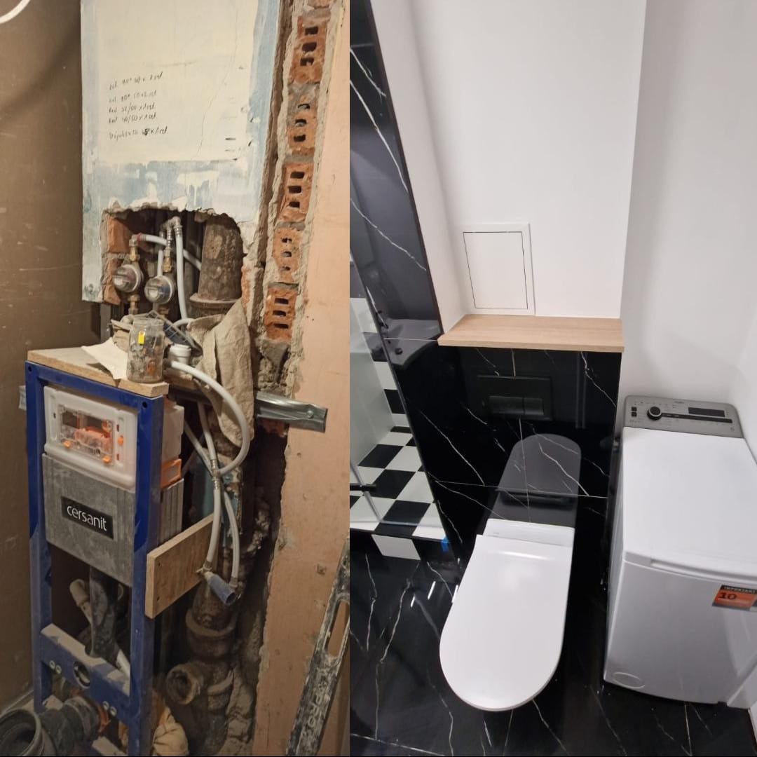 Remont łazienki: widok przed i po. Po lewej instalacja sanitarna w surowym stanie, po prawej wykończona łazienka z czarno-białymi płytkami i białą armaturą.