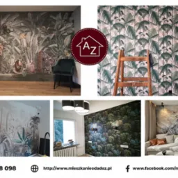 Kolaż zdjęć przedstawiających różnorodne tapety ścienne z motywami roślinnymi i zwierzęcymi, prezentowane w różnych aranżacjach wnętrz.