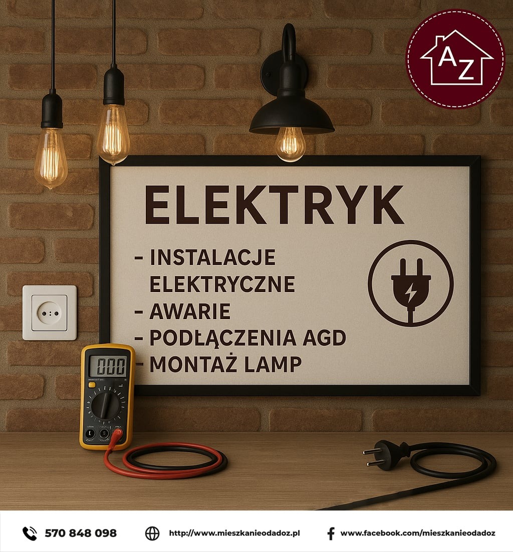 Dekoracyjny plakat 'Elektryk' z ikoną wtyczki, wiszący na ceglanej ścianie. Obok wiszą żarówki Edisona. Na blacie multimetr i gniazdko elektryczne.