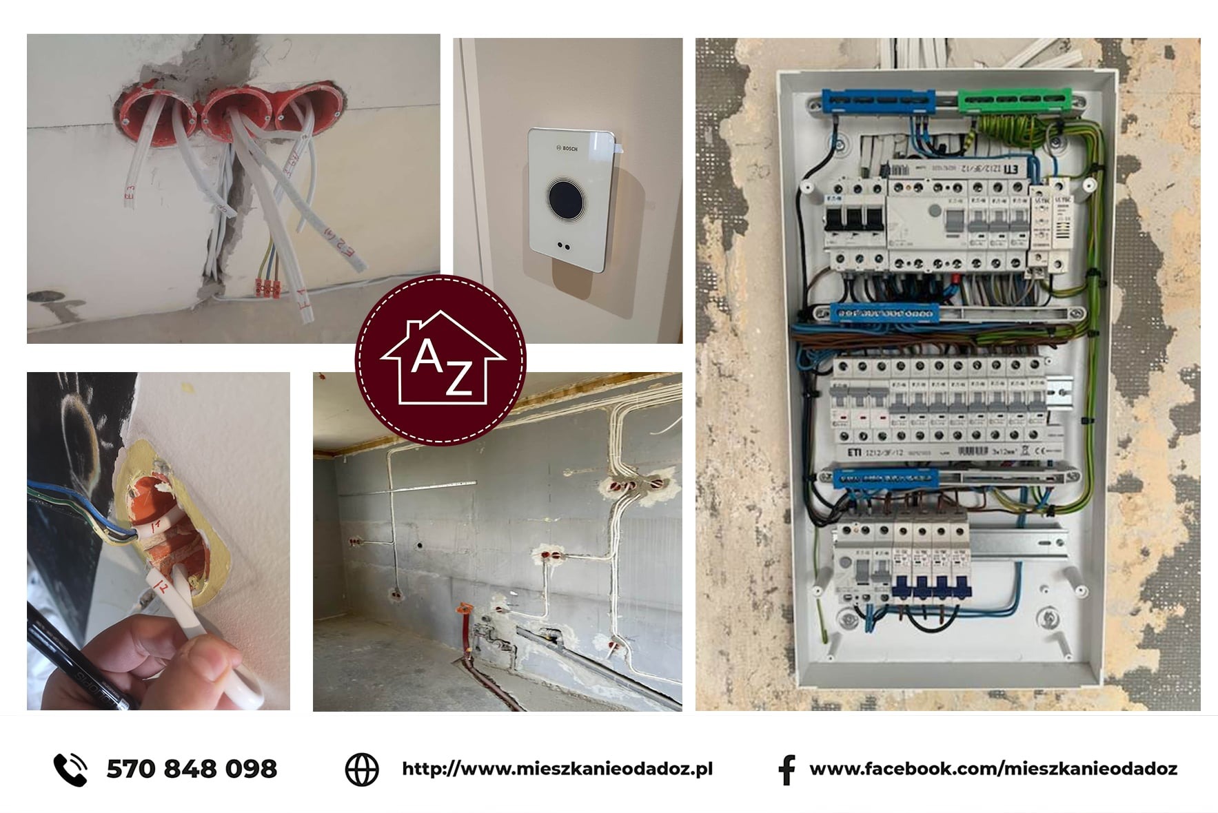 Rozdzielnia elektryczna z podłączonymi przewodami, puszki instalacyjne w ścianach, biały panel sterowania Bosch. Instalacja elektryczna w trakcie realizacji.