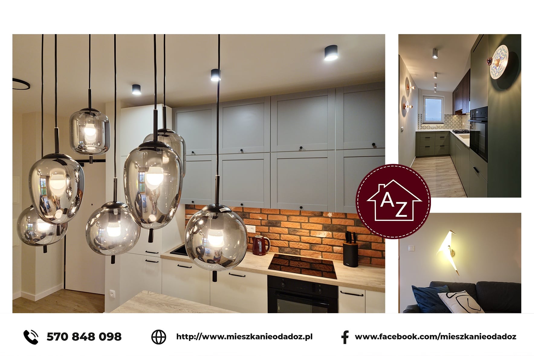 Nowoczesna kuchnia z szarymi szafkami i ceglaną ścianą, oświetlona wiszącymi, szklanymi lampami. Widoczne detale wykończenia i aranżacji.