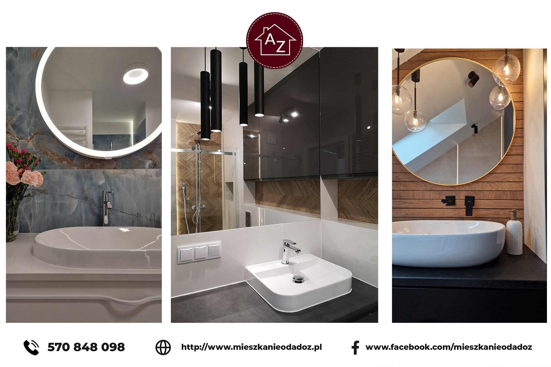 Nowoczesna łazienka z trzema umywalkami o różnych kształtach i stylach, okrągłe lustro z podświetleniem LED, czarne lampy tuby, drewniane akcenty na ścianach.