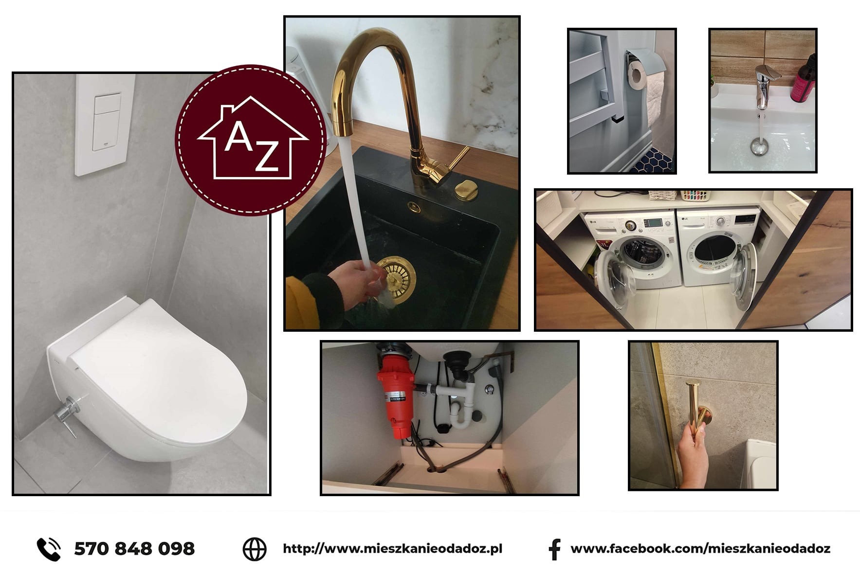 Kompozycja zdjęć łazienki: toaleta z funkcją bidetu, złota bateria umywalkowa, pralka i suszarka w zabudowie, detale instalacji pod zlewem. Nowoczesne wykończenie.